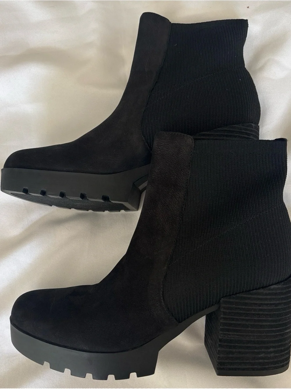 Eileen Fisher Black Stretch Suede Ankle Booties with Block Heel and Lug Sole